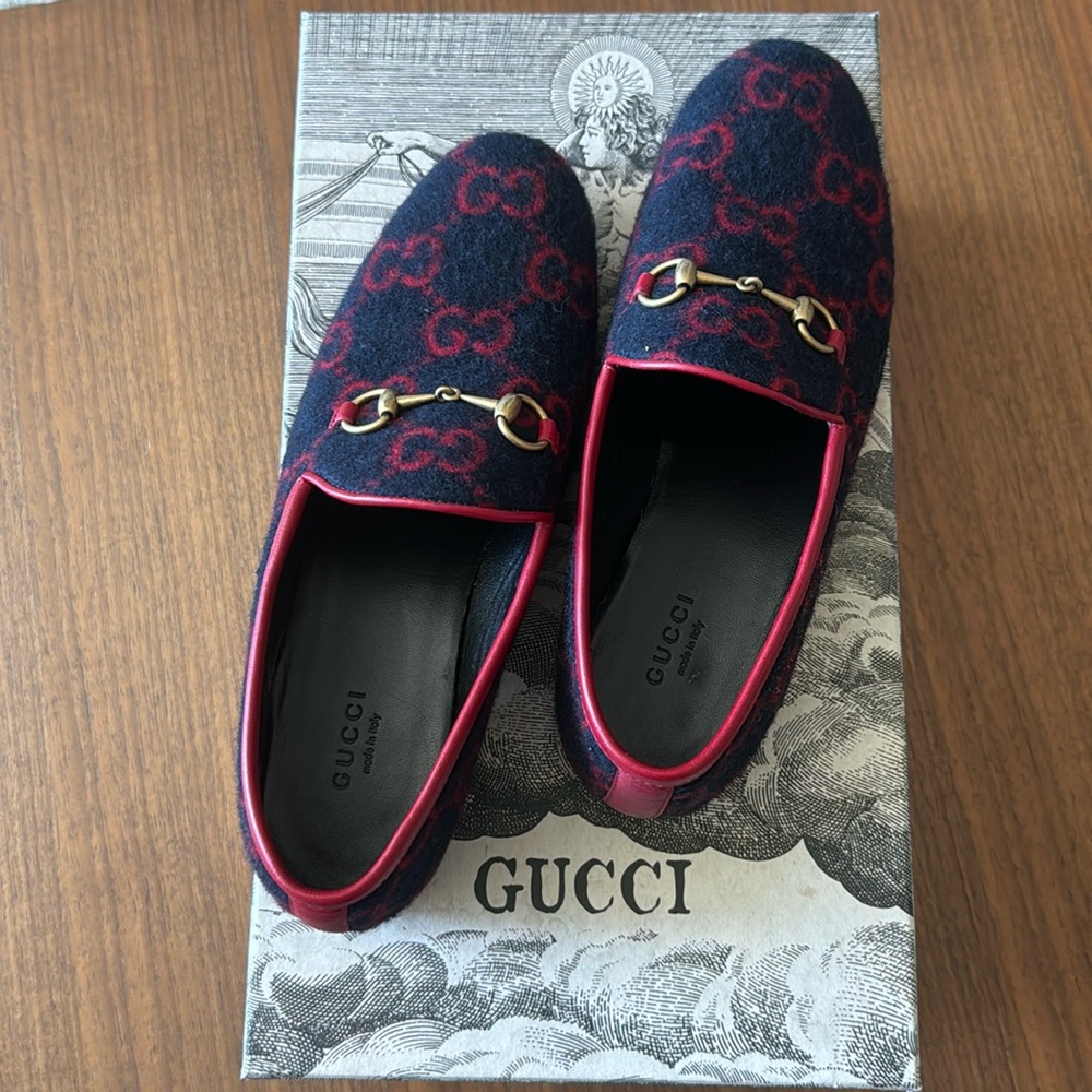 Gucci Jordan GG Monogram Horsebit Wool Loafers size 38 (7.5)